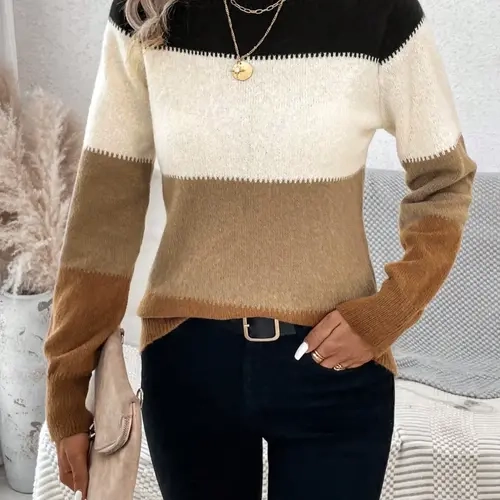 Women's Colorblock Long Sleeve Pullover, Soft Casual Knitwear for Fall Winter, Fitted Plain Style, Non-Lined Unisex Top, Trendy Fashion Pullover