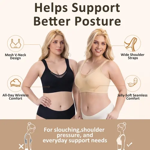Lusait Women's Feminine Nylon Wireless Stretchy Breathable Smooth Soft Bralette - Wide Supportive Straps, Full Coverage V-Mesh, Semi-Fixed Pads, Plus Size, No Underwire, Seamless, Buckle-Enhanced Elegance, Cooling, Everyday Comfort (Pairs with Shirts)