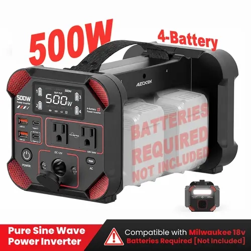 Azocek 500W Portable Power Station Compatible with Milwaukee 18V, 4-Battery Inverter to 120V AC Pure Sine Wave, 140W USB-C Fast Charger, 9 Ports, 800LM Light for Jobsite & Backup Power [Battery Not Included]