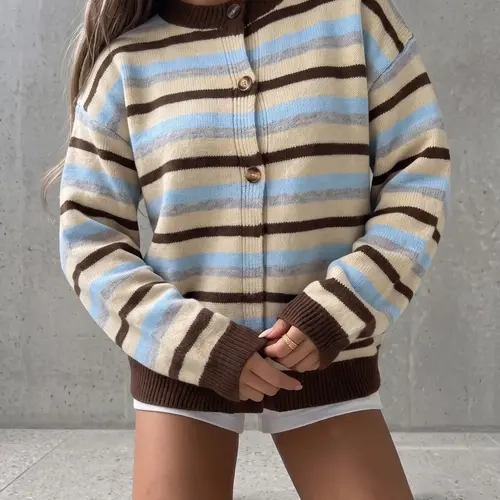 Women's Striped Print Button Front Cardigan, Casual Long Sleeve Round Neck Knitting Knitwear for Spring & Fall, Fashion Women's Knit Clothing for Daily Wear