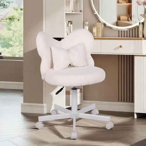 Flysky Modern Armless Comfy Cushioned Butterfly Back Vanity Chair - Height Adjust Seat, Rotating Swivel Teddy Fleece Desk Chair with Wheels for Bedroom, Home Office