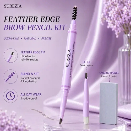 SUREZIA Feather Edge Brow Pencil 3-in-1 Kit, Dual-Tip Eyebrow Pencil with Refill & Sanding Sponge