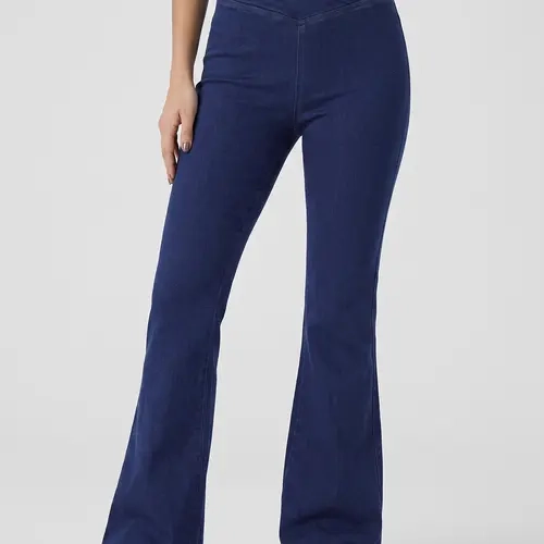 Women's Stretch Dark-Wash Flare Jeans with a Cross-Front Waistband for Dressy Casual Looks Stretchy Denim Jeans