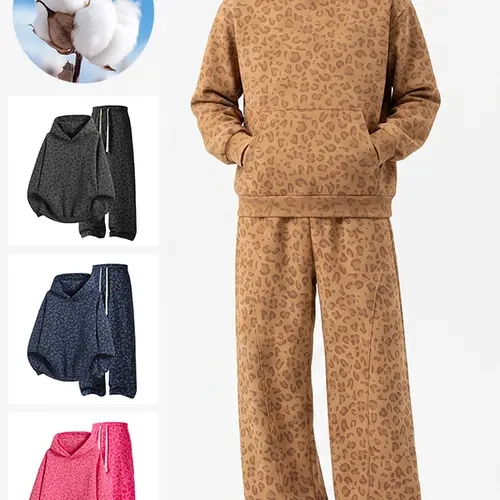 Unisex all-over leopard print hooded sweatshirt set with relaxed drop-shoulder hoodie and wide-leg sweatpants, street-style casual athletic tracksuit for boys