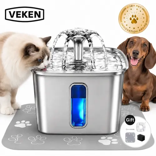 Veken 3.2L Stainless Steel Pet Water Fountain with Quiet 5-Stage Filtration and LED Water Window for Cats & Small Dogs,Non-hazardous coating