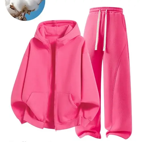 Unisex  2-piece tracksuit outfit, zip-up hooded jacket & curved-seam wide-leg sweatpants set, casual loose hoodie sweatsuit loungewear streetwear