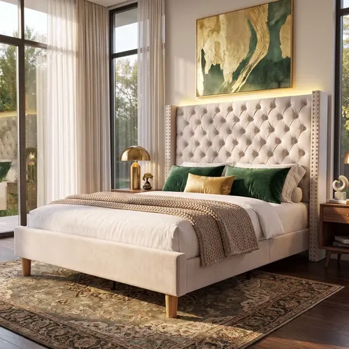 VOWNER Queen Size Bed Frame with 48" Tall Velvet Upholstered Wingback Headboard, Platform Bed with Charging Station and Smart RGB LED Lights, No Box Spring Needed, Easy Assembly, Noise Free, Cream