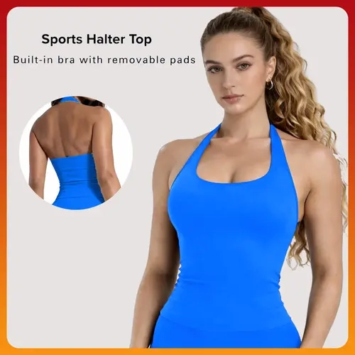 [SIZE UP 1] DENFY Impact Halter Top Workout Tank Tops Women Seamless Yoga Gym Backless Sports Bra Activewear Breathable Fitness Top  ： 145