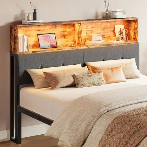 LIKIMIO Queen-Size Fabric Upholstered Headboard Only - Reinforced Metal and Wood Build, Rustic Style, Large Storage, Built-In Charging Station, LED Lights Combo, Smart LED Feature, Rustic Brown & Gray, Led Lights Headboard