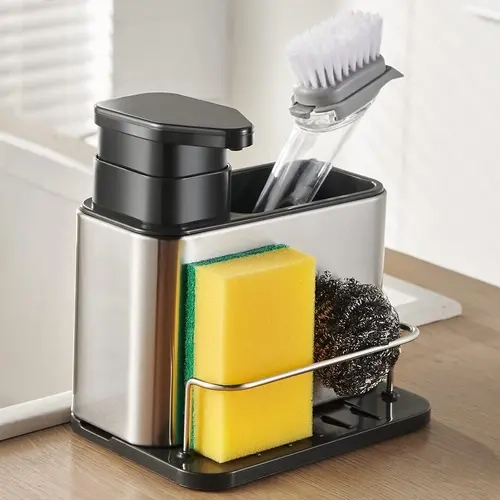 3-in-1 Stainless Steel Rustproof Dish Soap Dispenser with Sponge Holder, Pump & Canister for Daily Kitchen Multi-Use Sink Setup