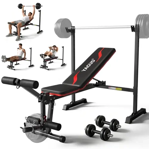 Yagud Weight Bench Set, 880LBS Adjustable Bench Press Set with Leg Extension and Barbell Rack, Safety Bar Catches, Fasting Foldable Workout Benches for Home and Gym