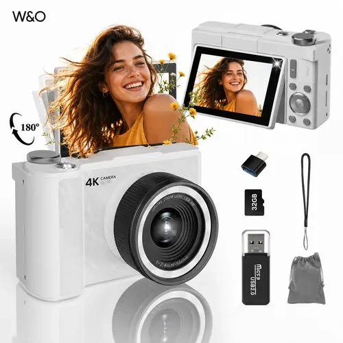 W&O Vlogging Camera with 180° Flip Screen, Digital Camera for Fill Light, 16X Digital Zoom Camera, Come with 32GB Card, Easy Point and Shoot Camera for Students and Young Women, Christmas and Halloween Gifts