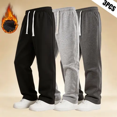 Men's 3-Pack Solid Regular-Leg Comfy Athleisure Pants - Autumn/Winter Fleece-Lined Knit, Durable, Wear-Resistant, Side Pockets, Adjustable Drawstring, Men's Clothing, Active Style, for Everyday Shopping, Sports, Durable Pants