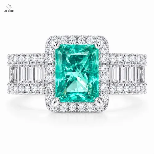 JJ CHIC Women’s Green Rectangular Cut Halo Ring, Baguette & Round CZ Multi-Row Band, Silver-Tone Statement Jewelry, Gift for Her