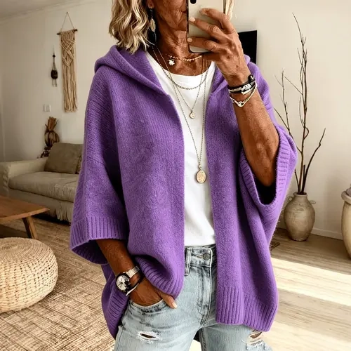 Women's Casual Knit Fabric Cardigan - Oversized Open-Front Hooded Neck Sweater, Batwing Long Sleeves, Loose Slouchy Fit, Solid Color, Plus Sizes Boho Clothes, Fall Winter Layering Outerwear, Comfy Loungewear Jacket
