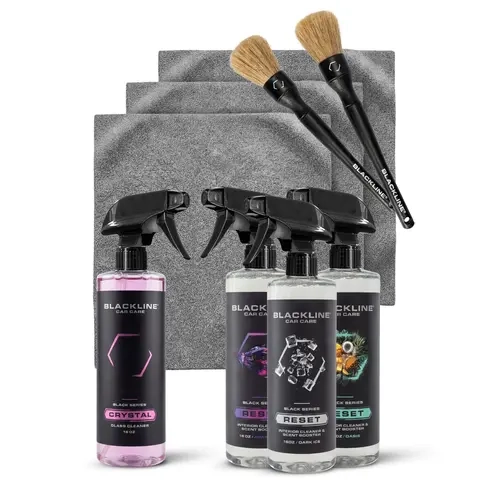 BLACKLINE Reset Welcome Car Cleaning Kit - Multi-Surface Trio Set with 16oz Interior Cleaner, Scent Booster, Boar Hair Brushes, Edgeless Microfiber Towels, Crystal Glass Cleaner, Buy 3 Get 6 Free, Fresh/Rich/Bold Scent Options for Deep Car Care