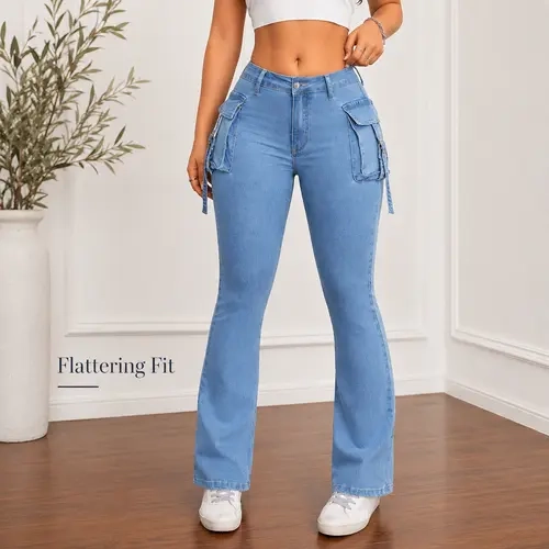 Women's High Rise Sculpting Skinny Jeans - Fitted Curve-Hugging Blue Denim Pants with Pockets, Cargo, Flared, Bootcut Options, Stylish Women's Wear Street Wear All Season Casual Bottoms for Work