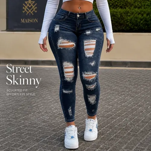 Women's High-Waisted Distressed Skinny Denim Jeans - Dark Wash Ripped, Curve-Hugging Slim-Fit Bottoms with Pockets, Y2K Streetwear for Casual Going Out, Stylish Women's Fashion Denim Bottoms