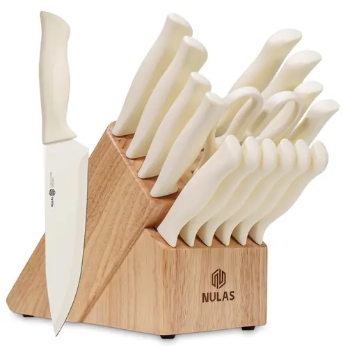 NULAS 17-Piece Anti-Rust Stainless Steel Kitchen Knife Set with Universal Block, Sharp Blades, Ergonomic Handles, Steak Knife, Chopping Capability & Built-In Sharpener for Chefs familyfun