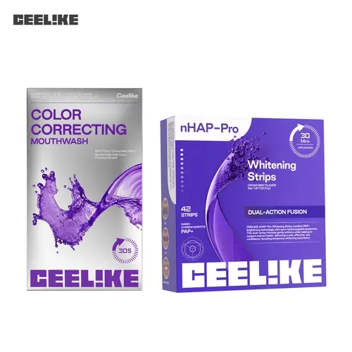【Vonny Exclusive】CEELIKE Oral Care Strips (42-Strip Set, Stain Remover, Purple Teeth Whitening for Brighter Teeth) + Unscented Essential Oil Color Correcting Mouthwash for Breath Freshening, Smile Care