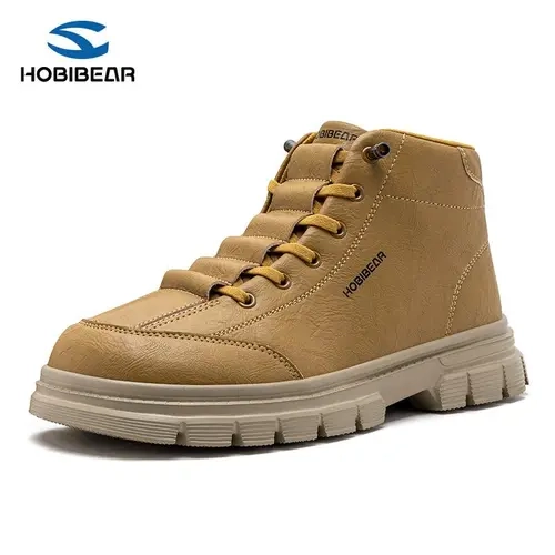 HOBIBEAR Men's PU Leather Vintage Retro Round Toe Mid-Top Lace-Up Closed Ankle Boots - Stripped Look, Wear-Resistant Rubber Flat Sole, Flexible All-Seasons Outdoor Casual Work Walking Shoes