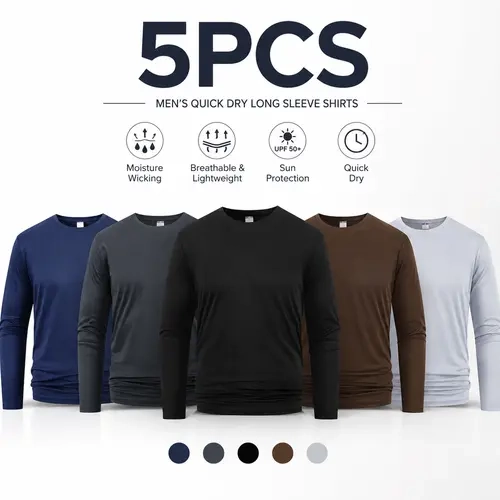 Men’s 5-Pack Long-Sleeve T-Shirts - Quick-Dry, Breathable Sportswear for Casual Wear
