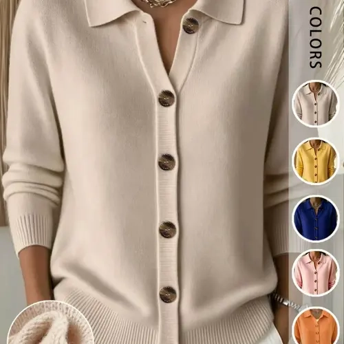 Women's Polo Neck Single Button Knit Cardigan, Long Sleeve Ribbed Hem Loose Fit Casual Knitted Jacket, Daily Wear Outerwear