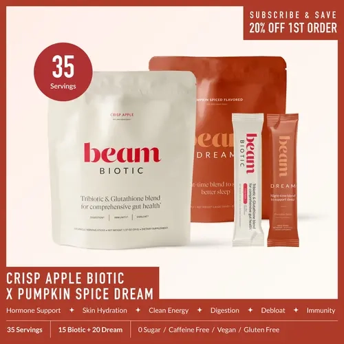 Beam Fall Wellness Duo - 35 Servings, Crisp Apple Biotic Gut Health Superblend + Pumpkin Spice Dream Sleep Powder, Pre+Pro+Postbiotics+Glutathione, Bloating Relief, Gut Support & Better Sleep | Limited Edition Fall Flavors