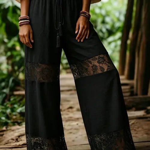 Women's Elastic Waist Straight Leg Lace Patchwork Wide Leg Pants, Casual Fashionable Bottoms, Comfortable Daily Wear, Loose Wideleg