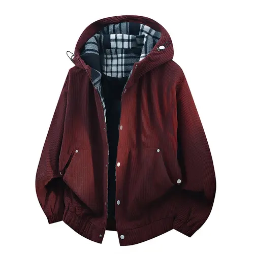 Men's Corduroy Hooded Coat - Stylish American Retro Men's Clothing, Spring & Autumn Wear, Adjustable Drawstring Hood, Metal Snap Buttons, Drop Shoulder Long Sleeve Casual Clothes Products#sohochic