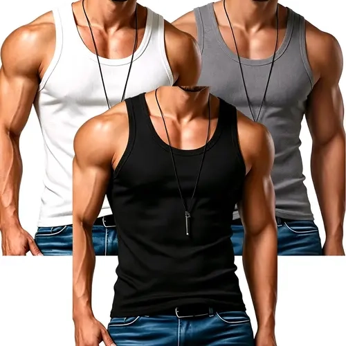 Men's 3‑Pack Snug Slim‑Fit Cotton‑Spandex Knit Tank Tops, Stretchy Athletic Tank Top, Breathable Sports Vest, Fitness Activewear for Gym & Daily Casual Wear