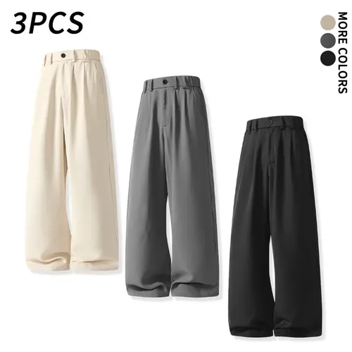 3-pcs men’s pleated dress pants for business casual wear, crafted from soft, silky, fluid fabric with a relaxed wide-leg fit—a trendy street-style piece suitable for everyday commuting and social gatherings, featuring a minimalist retro aesthetic.
