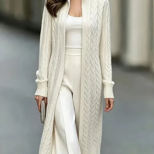 Women's Stand Collar Knitted Long Cardigan, Front Open Vest with Long Sleeves, Casual Ribbed Edge Sweater Coat, Stylish Outerwear