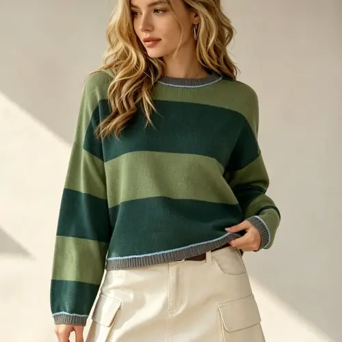 Women's Colorblock Striped Sweater, Casual Round Neck Long Sleeve Loose Knit Pullover, Fall Winter Fashion Top for Women