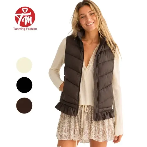 Tanming Womens Ruffle-Trim Puffer Vest -  Quilted Stand-Collar Sleeveless Layering Jacket Casual Outerwear Top - Fall Winter Spring Daily Casual Commute Office School Shopping Outdoor Travel Streetwear Outfits
