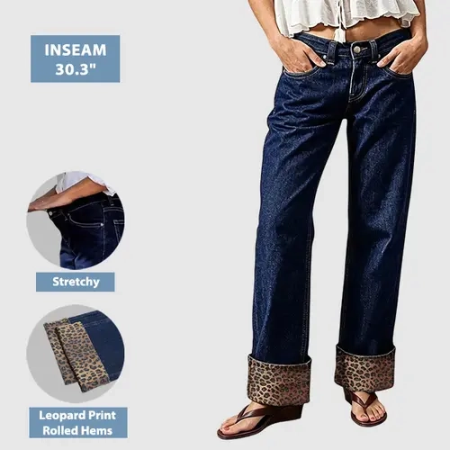 Flamingals Leopard Print Studded Roll Hem Mid Waist Straight Leg Jeans Stretchy 30.3'' Inseam