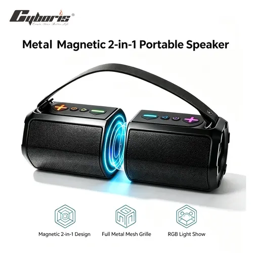 Cyboris S20 All-New Mecha-Style Magnetic Rotating 2-in-1 Compact Wireless Bluetooth Speaker - Metal Grille, 30W Output, Bluetooth 5.4, Wired/Charging Support, Stereo Audio Device, Travel/Outdoor Use (Black) - Cool Gadgets, Back-to-School Gift