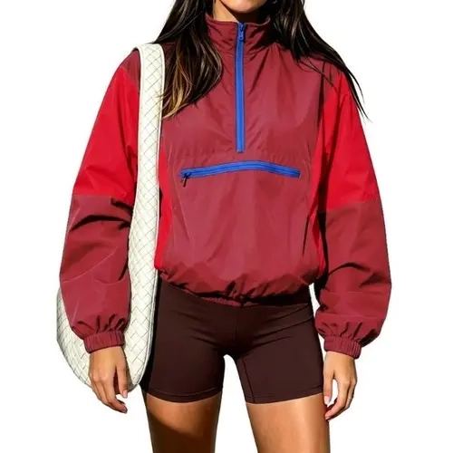 Fisoew Women Color Block Half Zip Windbreaker Jacket Casual Long Sleeve Stand Collar Pullover Outerwear With Zipper Pocket Elastic Smooth