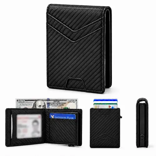 Men's RFID Blocking Minimalist Bifold Wallet - Slim Pop-Up Card Holder with Quick Access, Card Slots & Built-In Money Clip, Compact Everyday Carry (EDC), Gift Box Included