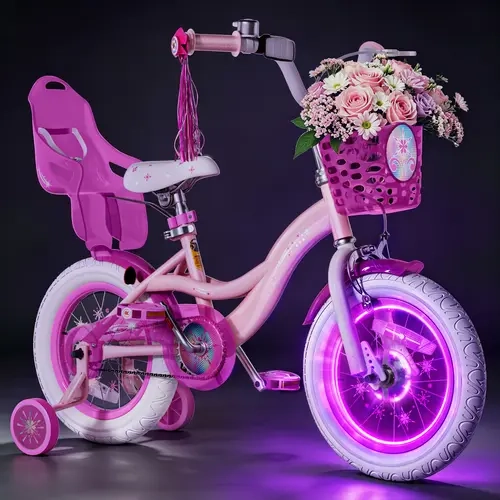 KORIMEFA Kids’ Bike with Light-Up Wheel Hub, Training Wheels, Front Basket, Doll Seat, Bell & Streamers, sohochic