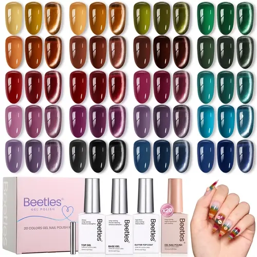 Beetles 20-Color Fall Winter Jelly Gel Nail Polish Set, HEMA-Free & TPO-Free, 7.5ml Translucent Vintage Shades, Long-Wear Base/Top Coat, Cat Eye Top Coat & Magnet, UV LED Soak Off Kit for Nail Care, Glossy Lightweight Smooth Manicure