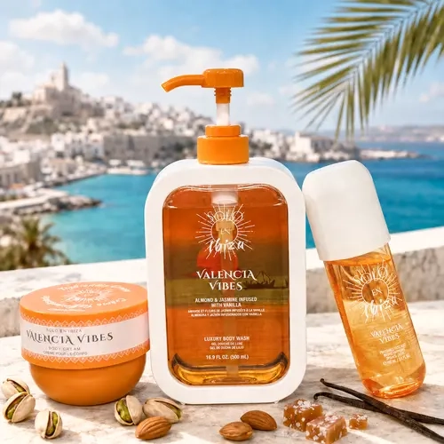 SOLO EN IBIZA Valencia Vibes Body Care Trio Set, 6.1 fl oz Fragrance Mist, 8 oz Body Cream & 16.9 fl oz Body Wash, Warm Gourmand Scent with Pistachio, Almond, Salted Caramel & Vanilla, Long-Lasting Evolution of 602