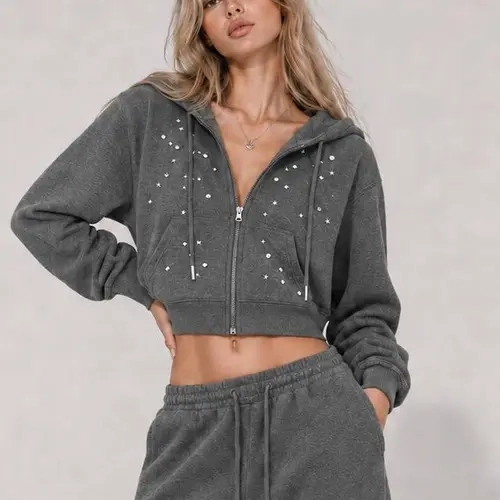 Aelfric Eden Star Studded Embroidery Cropped Zip Hoodie Wide Leg Sweatpants Soft Casual Streetwear Unisex Y2K
