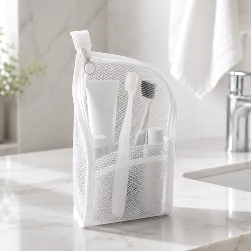 Mesh Zipper Toiletry Storage Pouch, Multi-Pocket Travel Cosmetic Organizer Bag, Breathable Bathroom Counter Storage for Toiletries, Makeup & Daily Essentials