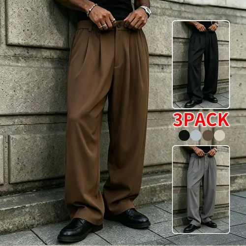 Men’s neutral-tone 3-pack wide-leg dress trousers, high-rise pleated elastic waistband, smooth fall/winter bottoms, versatile with knit cardigans and long-sleeve shirts adventure sweatpants loose baggy outdoor jogging pant breathable comfortable school