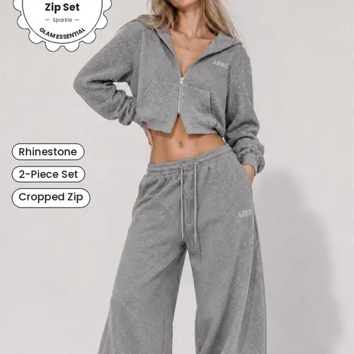 Aelfric Eden Rhinestone Velour Zip Up Hoodie and Wide Leg Sweatpants Cropped Hoodie Baggy Pants Y2K Soft Casual Streetwear For Women