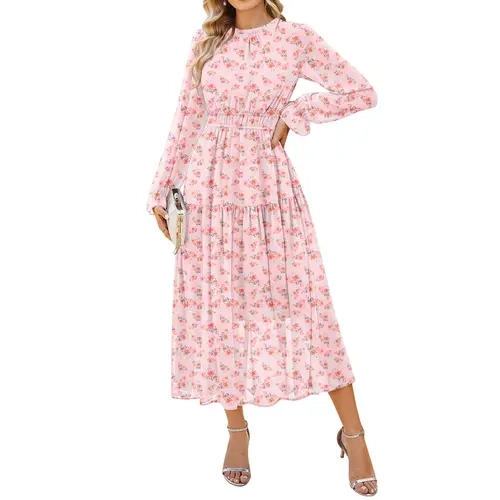 GRACE KARIN Women's Floral Print Long-Sleeve Puff-Sleeve Maxi-Length Wedding Guest Dress for Fall