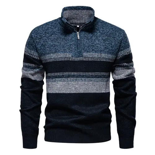Men’s color-blocked striped knit pullover—soft, textured long sleeves with a stand collar and modern color-block stripes, suitable for everyday casual wear, commuting, travel, and autumn/winter outfits.