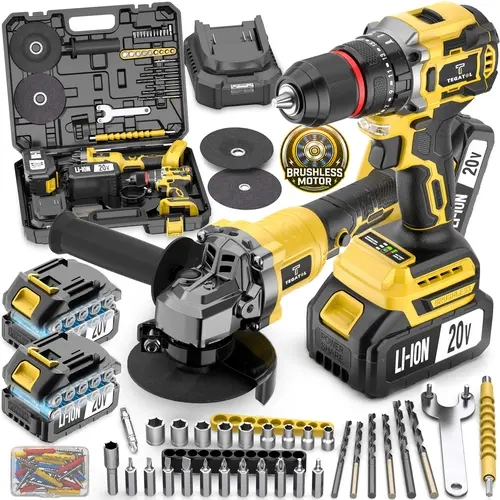 20V Brushless 2-IN-1 Cordless Power Tools Kit Set - Impact Drill, Angle Grinder, 2 Batteries for Home Renovation