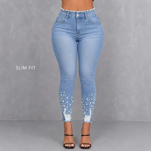 Women’s High Waisted Pearl Embellished Slim Skinny Fitted Blue Denim Crop Jeans - Light Wash, Distressed, Frayed Waist & Ankle, Everyday Party Y2K Feminine Glam Casual Streetwear Bottoms for Sweaters